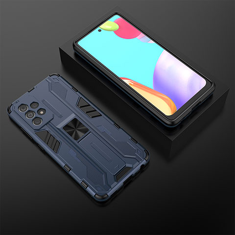 Silikon Hülle Handyhülle und Kunststoff Schutzhülle Hartschalen Tasche mit Magnetisch Ständer T02 für Samsung Galaxy A52 5G Blau