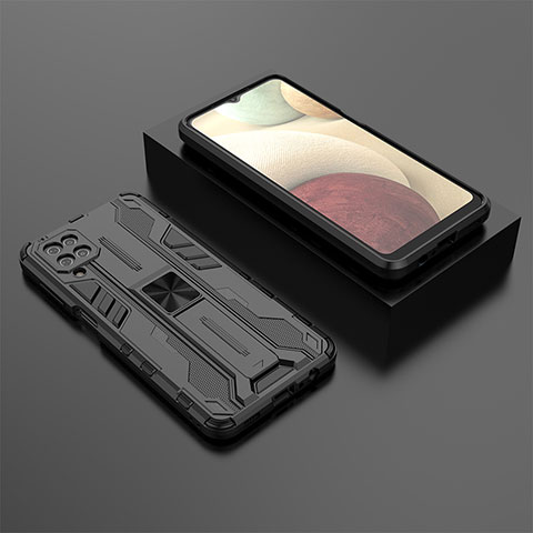 Silikon Hülle Handyhülle und Kunststoff Schutzhülle Hartschalen Tasche mit Magnetisch Ständer T02 für Samsung Galaxy M12 Schwarz