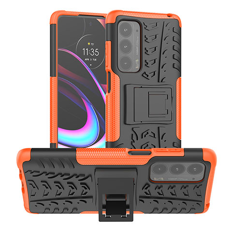 Silikon Hülle Handyhülle und Kunststoff Schutzhülle Hartschalen Tasche mit Ständer A01 für Motorola Moto Edge (2021) 5G Orange