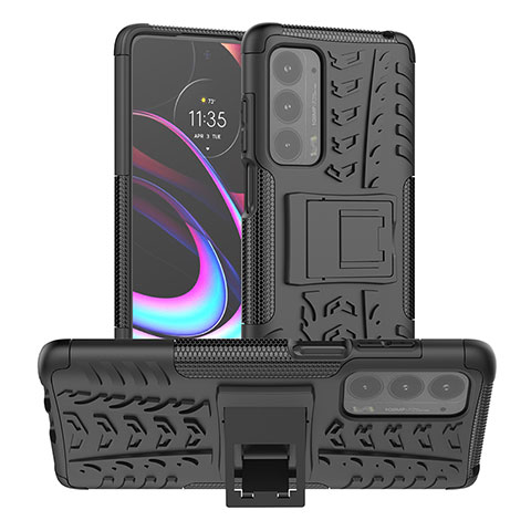 Silikon Hülle Handyhülle und Kunststoff Schutzhülle Hartschalen Tasche mit Ständer A01 für Motorola Moto Edge (2021) 5G Schwarz