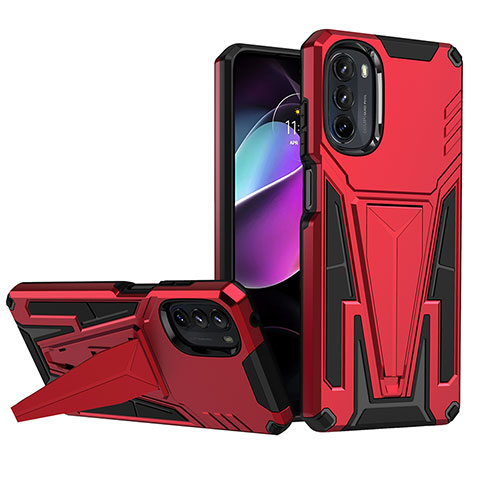 Silikon Hülle Handyhülle und Kunststoff Schutzhülle Hartschalen Tasche mit Ständer A01 für Motorola Moto G 5G (2022) Rot