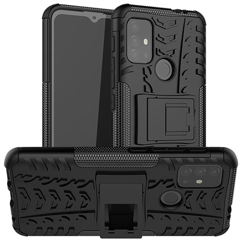 Silikon Hülle Handyhülle und Kunststoff Schutzhülle Hartschalen Tasche mit Ständer A01 für Motorola Moto G10 Power Schwarz