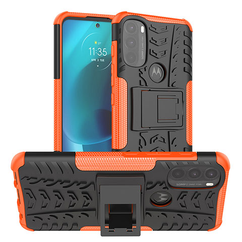 Silikon Hülle Handyhülle und Kunststoff Schutzhülle Hartschalen Tasche mit Ständer A01 für Motorola Moto G71 5G Orange