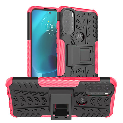 Silikon Hülle Handyhülle und Kunststoff Schutzhülle Hartschalen Tasche mit Ständer A01 für Motorola Moto G71 5G Pink