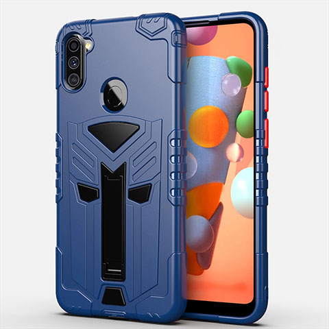 Silikon Hülle Handyhülle und Kunststoff Schutzhülle Hartschalen Tasche mit Ständer A01 für Samsung Galaxy A11 Blau