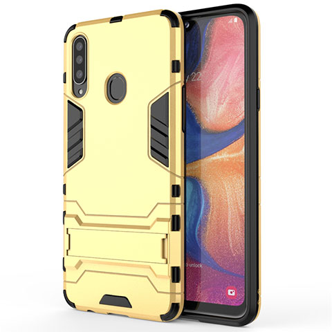 Silikon Hülle Handyhülle und Kunststoff Schutzhülle Hartschalen Tasche mit Ständer A01 für Samsung Galaxy A20s Gold