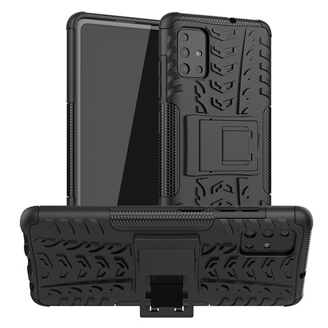 Silikon Hülle Handyhülle und Kunststoff Schutzhülle Hartschalen Tasche mit Ständer A01 für Samsung Galaxy A51 5G Schwarz