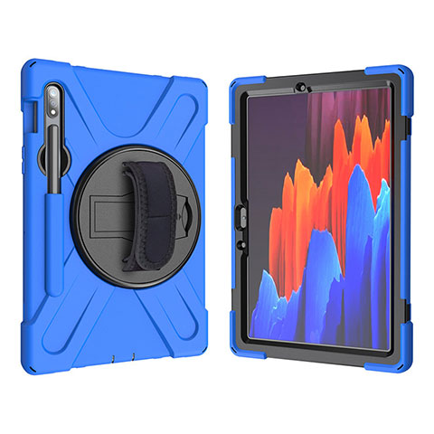 Silikon Hülle Handyhülle und Kunststoff Schutzhülle Hartschalen Tasche mit Ständer A01 für Samsung Galaxy Tab S7 4G 11 SM-T875 Blau