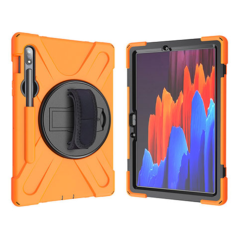 Silikon Hülle Handyhülle und Kunststoff Schutzhülle Hartschalen Tasche mit Ständer A01 für Samsung Galaxy Tab S7 4G 11 SM-T875 Orange