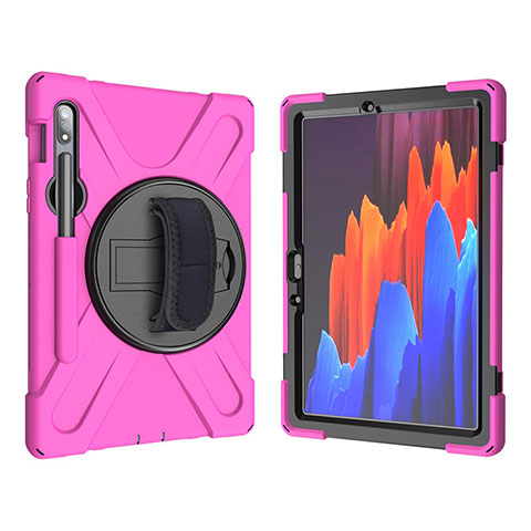 Silikon Hülle Handyhülle und Kunststoff Schutzhülle Hartschalen Tasche mit Ständer A01 für Samsung Galaxy Tab S7 4G 11 SM-T875 Pink