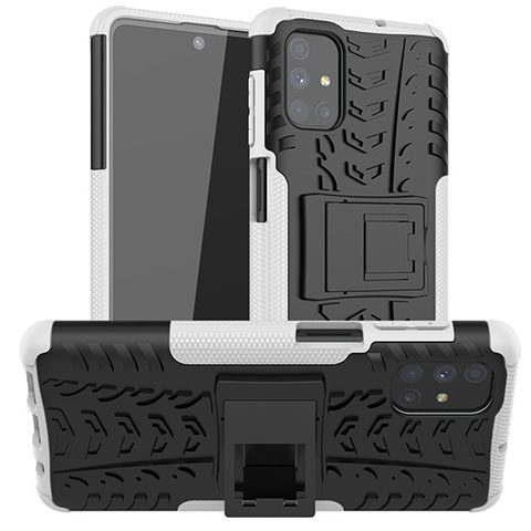 Silikon Hülle Handyhülle und Kunststoff Schutzhülle Hartschalen Tasche mit Ständer A02 für Samsung Galaxy M51 Weiß