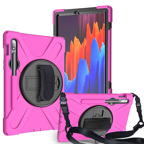 Silikon Hülle Handyhülle und Kunststoff Schutzhülle Hartschalen Tasche mit Ständer A02 für Samsung Galaxy Tab S7 11 Wi-Fi SM-T870 Pink