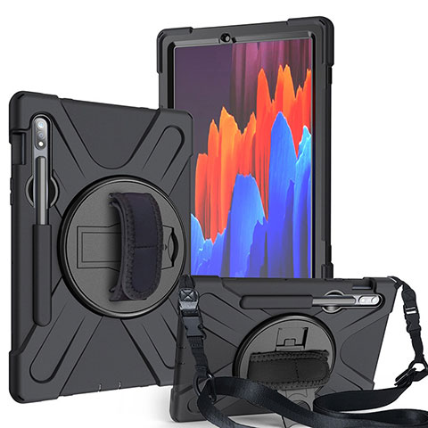 Silikon Hülle Handyhülle und Kunststoff Schutzhülle Hartschalen Tasche mit Ständer A02 für Samsung Galaxy Tab S7 11 Wi-Fi SM-T870 Schwarz