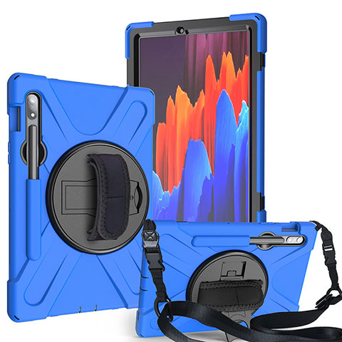 Silikon Hülle Handyhülle und Kunststoff Schutzhülle Hartschalen Tasche mit Ständer A02 für Samsung Galaxy Tab S7 4G 11 SM-T875 Blau