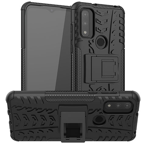 Silikon Hülle Handyhülle und Kunststoff Schutzhülle Hartschalen Tasche mit Ständer A03 für Motorola Moto G Pure Schwarz