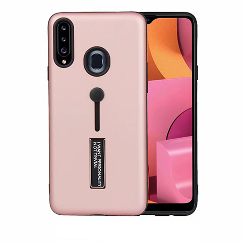 Silikon Hülle Handyhülle und Kunststoff Schutzhülle Hartschalen Tasche mit Ständer A03 für Samsung Galaxy A20s Rosegold