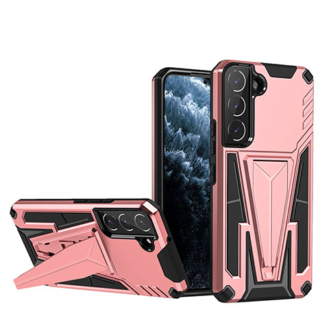 Silikon Hülle Handyhülle und Kunststoff Schutzhülle Hartschalen Tasche mit Ständer A03 für Samsung Galaxy S22 Plus 5G Rosegold