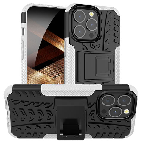 Silikon Hülle Handyhülle und Kunststoff Schutzhülle Hartschalen Tasche mit Ständer A07 für Apple iPhone 14 Pro Weiß