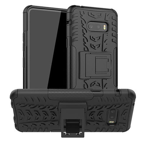 Silikon Hülle Handyhülle und Kunststoff Schutzhülle Hartschalen Tasche mit Ständer für LG G8X ThinQ Schwarz