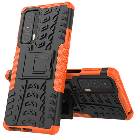Silikon Hülle Handyhülle und Kunststoff Schutzhülle Hartschalen Tasche mit Ständer für Motorola Moto Edge Lite 5G Orange