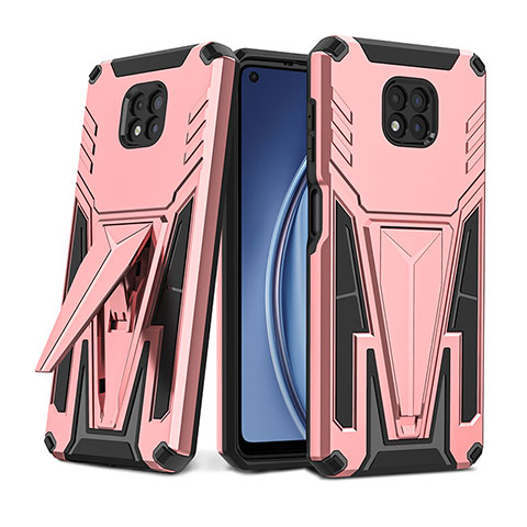 Silikon Hülle Handyhülle und Kunststoff Schutzhülle Hartschalen Tasche mit Ständer für Motorola Moto G Power (2021) Rosegold