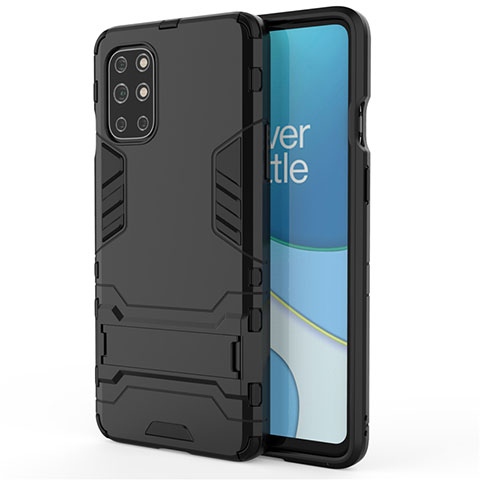 Silikon Hülle Handyhülle und Kunststoff Schutzhülle Hartschalen Tasche mit Ständer für OnePlus 8T 5G Schwarz