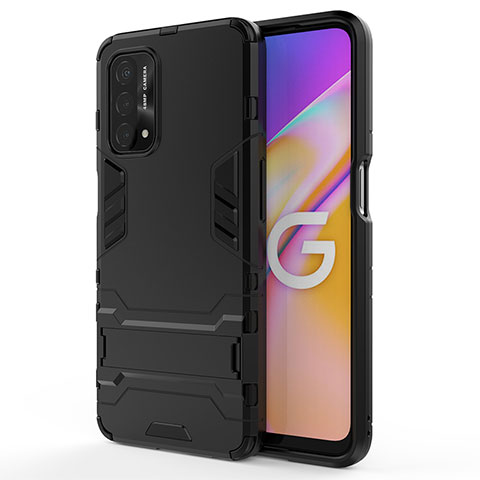 Silikon Hülle Handyhülle und Kunststoff Schutzhülle Hartschalen Tasche mit Ständer für Oppo A54 5G Schwarz