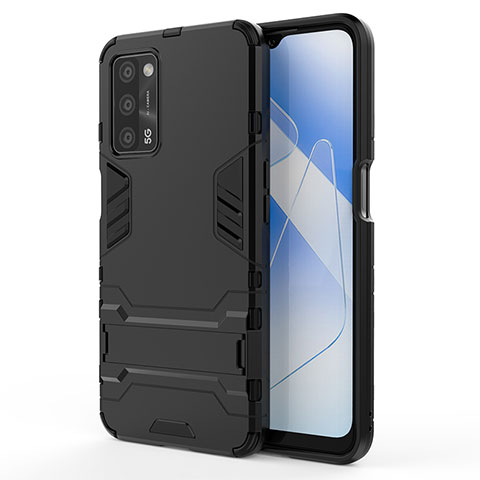 Silikon Hülle Handyhülle und Kunststoff Schutzhülle Hartschalen Tasche mit Ständer für Oppo A55 5G Schwarz