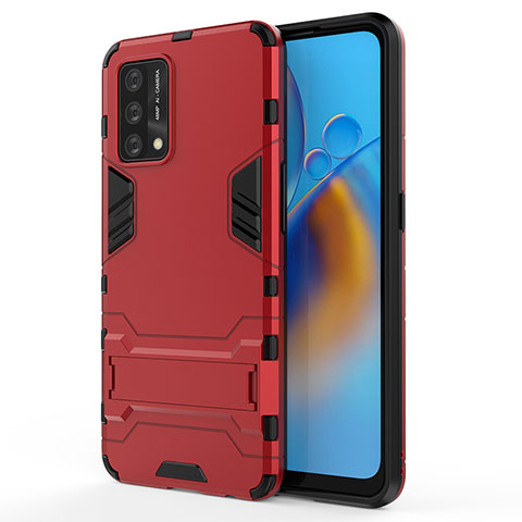 Silikon Hülle Handyhülle und Kunststoff Schutzhülle Hartschalen Tasche mit Ständer für Oppo A74 4G Rot