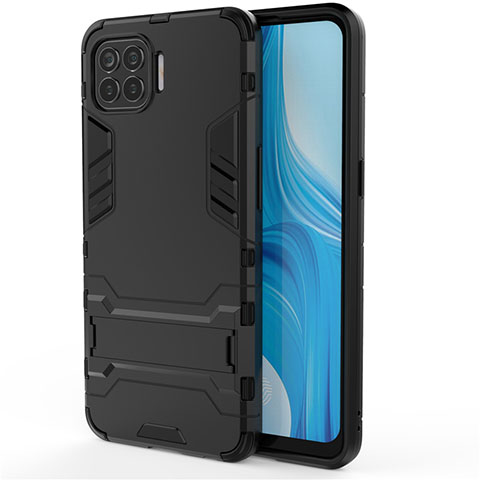 Silikon Hülle Handyhülle und Kunststoff Schutzhülle Hartschalen Tasche mit Ständer für Oppo A93 Schwarz