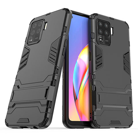 Silikon Hülle Handyhülle und Kunststoff Schutzhülle Hartschalen Tasche mit Ständer für Oppo A94 4G Schwarz