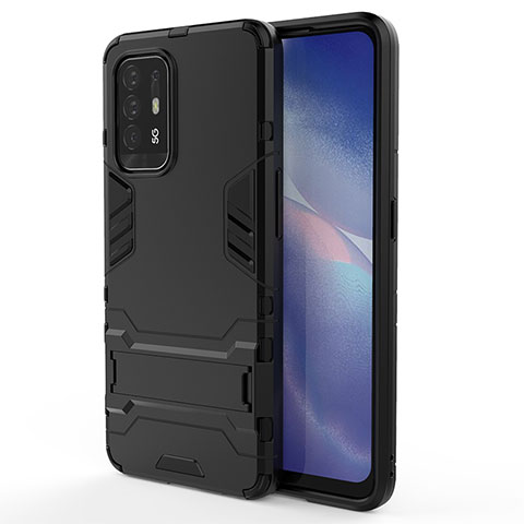 Silikon Hülle Handyhülle und Kunststoff Schutzhülle Hartschalen Tasche mit Ständer für Oppo A94 5G Schwarz