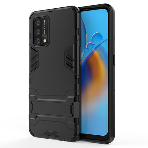 Silikon Hülle Handyhülle und Kunststoff Schutzhülle Hartschalen Tasche mit Ständer für Oppo A95 4G Schwarz