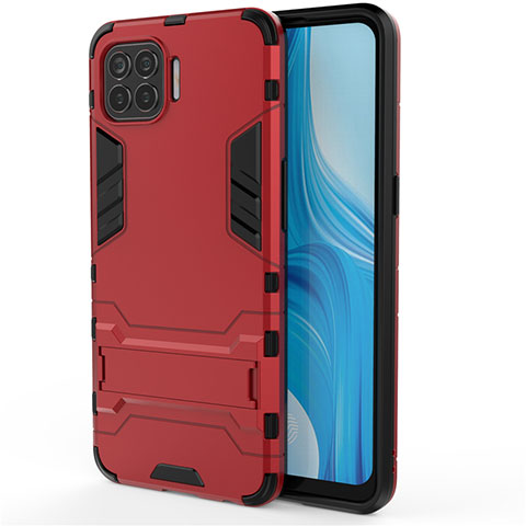 Silikon Hülle Handyhülle und Kunststoff Schutzhülle Hartschalen Tasche mit Ständer für Oppo F17 Pro Rot