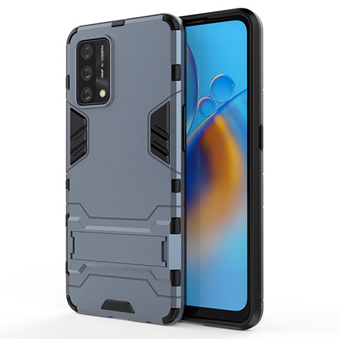 Silikon Hülle Handyhülle und Kunststoff Schutzhülle Hartschalen Tasche mit Ständer für Oppo F19 Blau