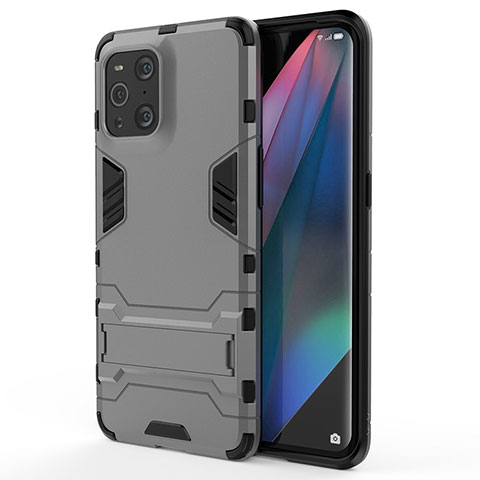 Silikon Hülle Handyhülle und Kunststoff Schutzhülle Hartschalen Tasche mit Ständer für Oppo Find X3 5G Grau