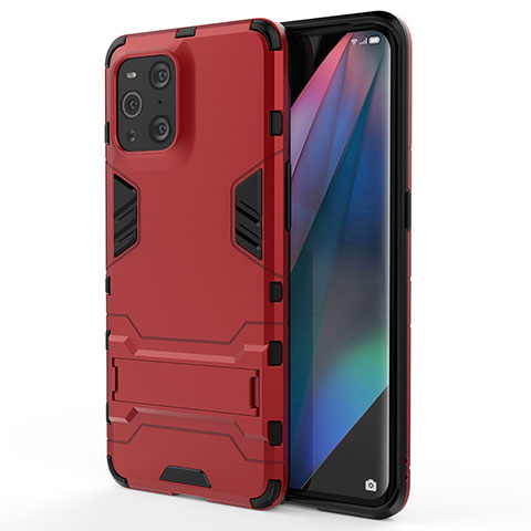 Silikon Hülle Handyhülle und Kunststoff Schutzhülle Hartschalen Tasche mit Ständer für Oppo Find X3 Pro 5G Rot