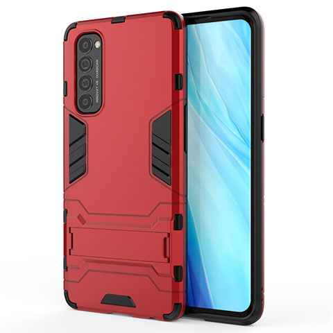 Silikon Hülle Handyhülle und Kunststoff Schutzhülle Hartschalen Tasche mit Ständer für Oppo Reno4 Pro 4G Rot