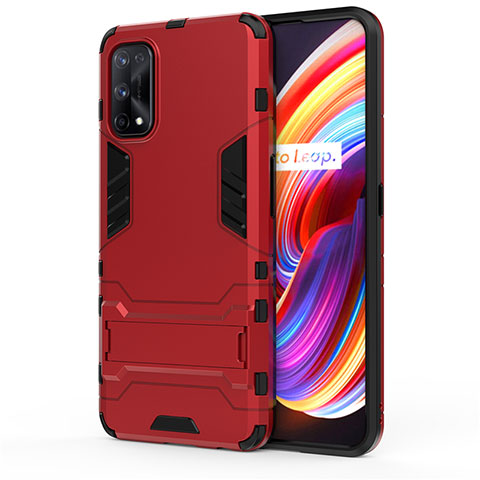 Silikon Hülle Handyhülle und Kunststoff Schutzhülle Hartschalen Tasche mit Ständer für Realme 7 Pro Rot