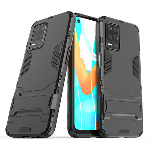 Silikon Hülle Handyhülle und Kunststoff Schutzhülle Hartschalen Tasche mit Ständer für Realme 8s 5G Schwarz