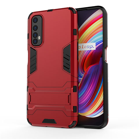 Silikon Hülle Handyhülle und Kunststoff Schutzhülle Hartschalen Tasche mit Ständer für Realme Narzo 20 Pro Rot