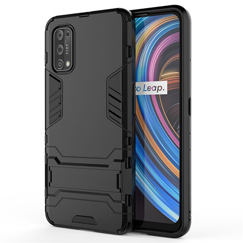 Silikon Hülle Handyhülle und Kunststoff Schutzhülle Hartschalen Tasche mit Ständer für Realme Q2 Pro 5G Schwarz