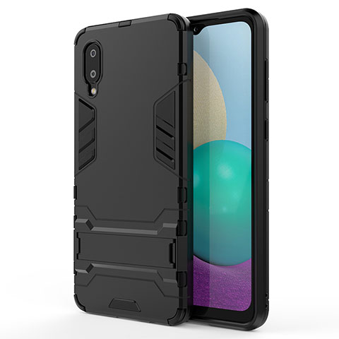 Silikon Hülle Handyhülle und Kunststoff Schutzhülle Hartschalen Tasche mit Ständer für Samsung Galaxy A02 Schwarz