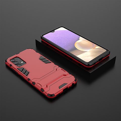 Silikon Hülle Handyhülle und Kunststoff Schutzhülle Hartschalen Tasche mit Ständer für Samsung Galaxy A32 4G Rot