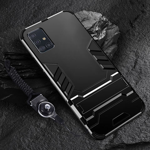 Silikon Hülle Handyhülle und Kunststoff Schutzhülle Hartschalen Tasche mit Ständer für Samsung Galaxy A71 5G Schwarz