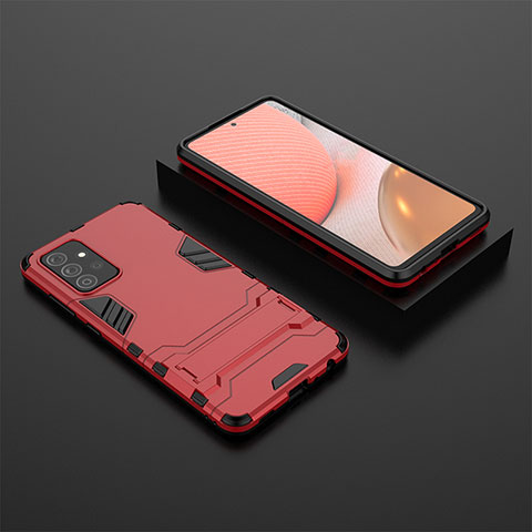Silikon Hülle Handyhülle und Kunststoff Schutzhülle Hartschalen Tasche mit Ständer für Samsung Galaxy A72 4G Rot