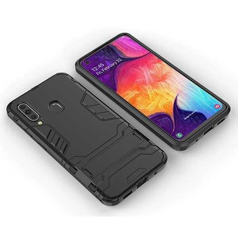 Silikon Hülle Handyhülle und Kunststoff Schutzhülle Hartschalen Tasche mit Ständer für Samsung Galaxy M40 Schwarz