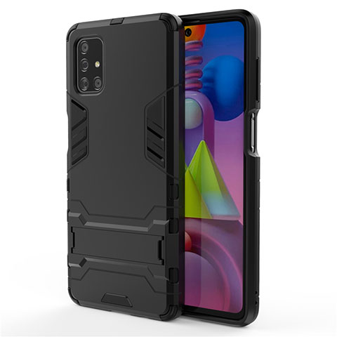 Silikon Hülle Handyhülle und Kunststoff Schutzhülle Hartschalen Tasche mit Ständer für Samsung Galaxy M51 Schwarz