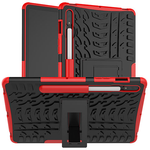 Silikon Hülle Handyhülle und Kunststoff Schutzhülle Hartschalen Tasche mit Ständer für Samsung Galaxy Tab S7 11 Wi-Fi SM-T870 Rot