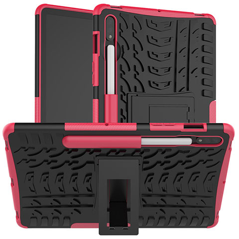 Silikon Hülle Handyhülle und Kunststoff Schutzhülle Hartschalen Tasche mit Ständer für Samsung Galaxy Tab S7 4G 11 SM-T875 Rosa